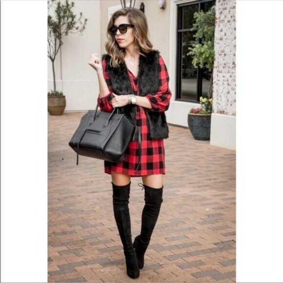 Madewell signal red black buffalo plaid Check Print tunic dress Medium Sty F8652 - Picture 7 of 8